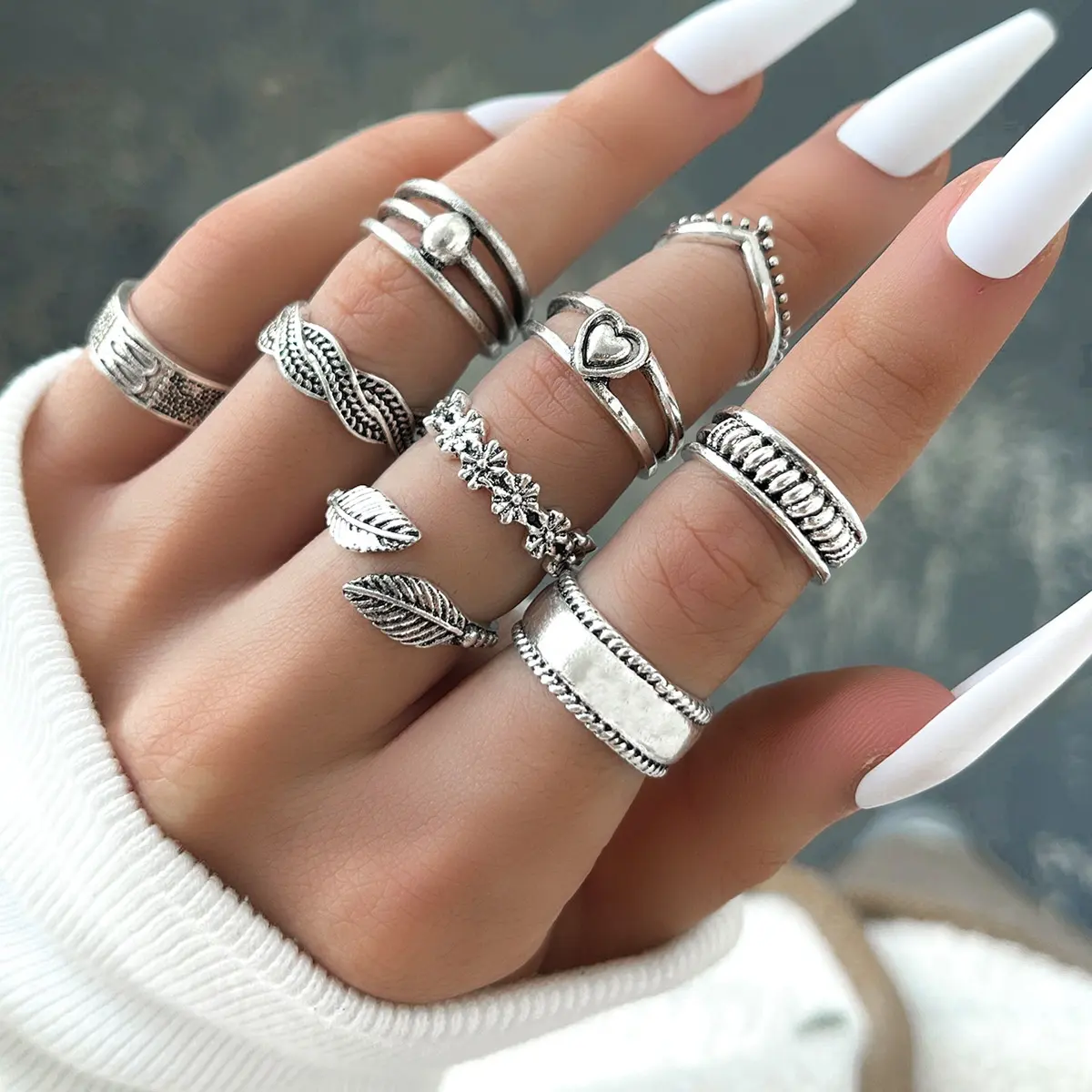 Sindlan 9pcs/set y2k Sliver Heart Rings for Women Unique Retro Ring Set Fashion Jewelry Accessories