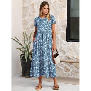 Anrabess Women Summer Casual Short Sleeve Maxi <b>Dress</b> A Line Floral Print Breathable O Neck With Pockets Beach Vacation Sundress - Product Image 3