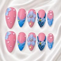 Set Kuku Almond Press On Buatan Tangan Gradasi Pink Biru Bunga 3D Berhias Rhinestone 10 Pcs Tema Lautan Kuku Almond Press On