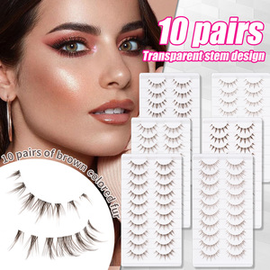 <span class=keywords><strong>Faux</strong></span> cils synthétiques style coréen, 10 paires, marron, design cartoon, tige transparente, boîte personnalisable avec logo - Product Image 1