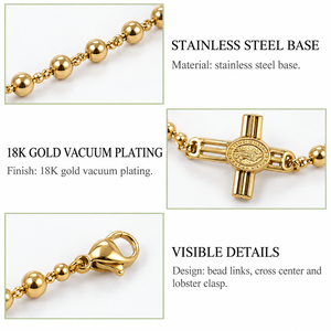 Cross <b>Medallion</b> Beaded Bracelet , Stainless Steel, 18K <b>Gold</b> Vacuum Plated, 170mm + 40mm - Product Image 2