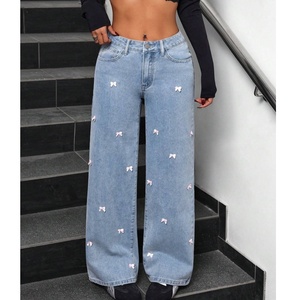 Calça <span class=keywords><strong>Jeans</strong></span> Feminina de Cintura Alta Reta com Perna Larga e Laço Decorativo para o Dia a Dia e Streetwear - Nova Coleção <span class=keywords><strong>2026</strong></span> - Product Image 1