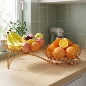 Corbeille à fruits moderne à double niveau, conteneur de rangement rond pour cuisine, paniers en métal sur pied - Product Image 1