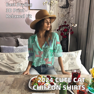 เสื้อชีฟองผู้หญิงทรงหลวม ดีไซน์ใหม่ปี 2024 ลายแมวน่ารัก พิมพ์ลายดิจิตอล 3 มิติ สไตล์หวานๆ ลายสัตว์สุดฮิต พร้อมดีเทลแบบแมนดาริน - Product Image 3