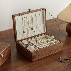 Caja de Joyería de Madera Maciza de Nogal Negro, Gran Capacidad, Múltiples Compartimentos, Organizador de Collares y Relojes, Diseño Rectangular Elegante - Product Image 3