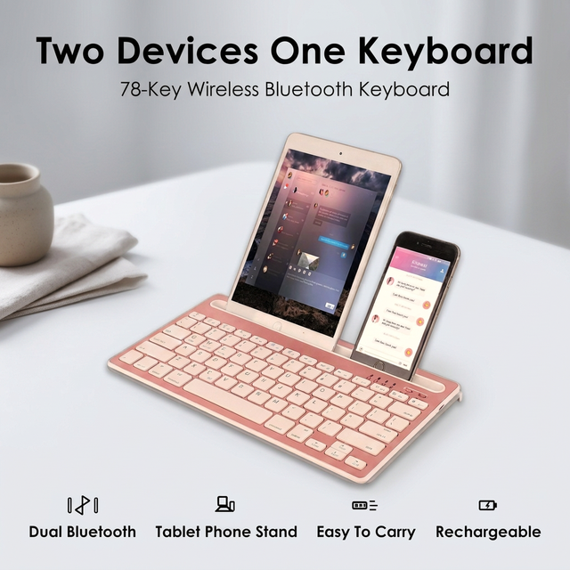 Multi Device Keyboard Rechargeable Keyboard 78 Keys Dual Connection Tablet Phone Stand Portable Slim Lightweight