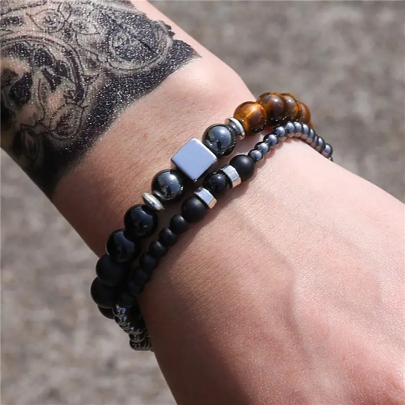 Nouvelle mode 2 pièces/ensemble Bracelet de Couple pour hommes femmes perles charme 6mm pierre Bracelet perlé hommes brassard bijoux