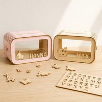 Tirelire en contreplaqué écologique DIY pour enfants, design de dessin animé gravé, bois brut, décoration de bureau à domicile