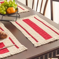 Alas Meja Linen Jute Alami Mewah, Anyaman Tangan dengan Pinggiran Bergaris, Pilihan Warna Beragam untuk Pengaturan Meja Restoran Sehari-hari