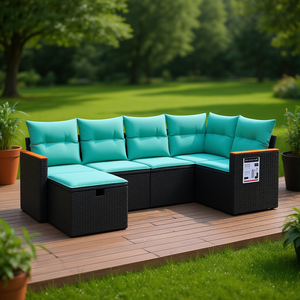 Ensemble de canapés de jardin avec coussins en rotin PE noir, mobilier d'extérieur imperméable au design contemporain - Product Image 2