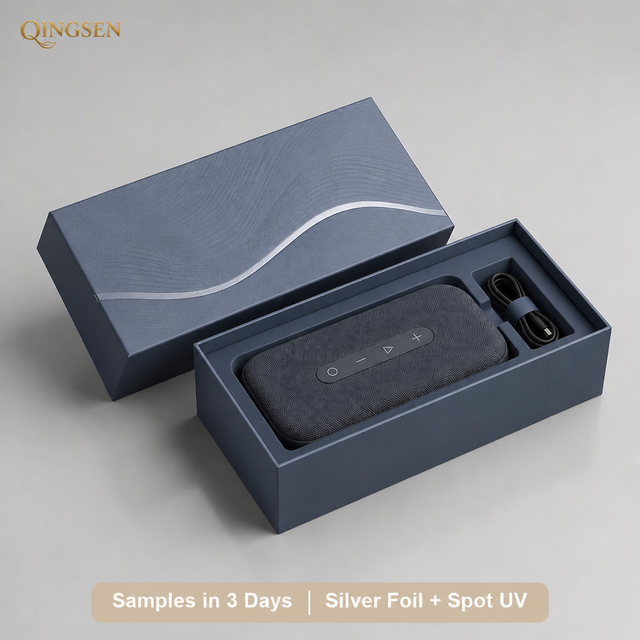 Custom Navy Luxury Bluetooth Speaker Packaging Rigid Box Two Piece Lid and Base Silver Foil Spot UV for Consumer Electronics Use
