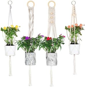 4 Pièces En Macramé Cintres Intérieur Extérieur Jardinière <span class=keywords><strong>Suspendue</strong></span> Panier Coton <span class=keywords><strong>Corde</strong></span> 41 Pouces Suspendus Planteur Pot Titulaire Blanc - Product Image 1