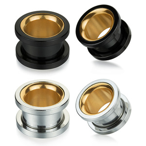 Gauges d'oreille bicolores en acier inoxydable |   Plugs d'oreille plaqués PVD noir et or, argent et or |   Bijoux pour le corps hypoallergéniques - Product Image 1