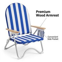 Chaise longue de patio extérieure pliable en aluminium rayé, réglable multi-positions, avec accoudoirs en bois et poche latérale, personnalisable