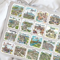 Paquete de 50 Pegatinas de PVC Impermeables con Mapas Turísticos Dibujados a Mano para Niños, para Laptop, Patineta, Maleta, Cuaderno, Taza, Botella de Agua