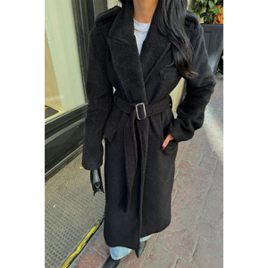 Manteau en laine d'alpaga pour femme, noir, manches longues, chaud pour l'hiver, longueur longue, vêtement d'extérieur tendance - Product Image 4