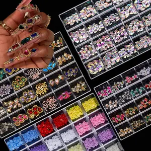 3D Designer Luxury Zircon Crystal Rhinestone Acrylic Flowers Nail Charms Kawaii Gold Beads Metal Alloy Charm for Nails