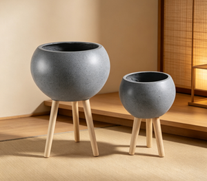 Round Tripod Plant Pot Set of 2, Grey <b>Sphere</b> Flower Planter with Wooden Legs, Indoor Outdoor Decorative Plant Container Wholesal - Product Image 2