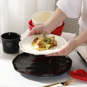 Customized Professional Solid Color Minimalist Design Portable <b>Dinner</b> <b>Set</b> Red <b>Black</b> White Embossed Ceramic Tableware Dishwasher - Product Image 2