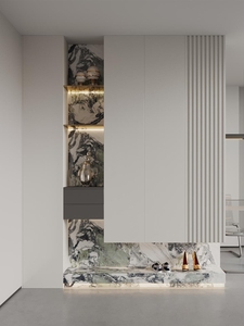 Système de rangement d'entrée personnalisé minimaliste, banc bas autoportant avec zone dissimulée et panneau brillant pour couloir d'entrée de maison urbaine - Product Image 2