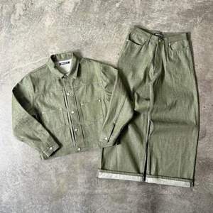 Style Personnalisé Rétro Vert Denim Brut <span class=keywords><strong>Jean</strong></span> Homme Denim Brut Ensembles Vestes En Denim Jeans - Product Image 1