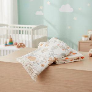 ผ้าห่มเด็กทารกคุณภาพสูง ผ้าก๊อซพิมพ์ลายผลไม้ พร้อมพู่ห้อย ผ้าห่อตัวเด็กอ่อน ผ้าคลุมเด็ก ผ้าห่มรถเข็นเด็กแบบมุสลิม - Product Image 3