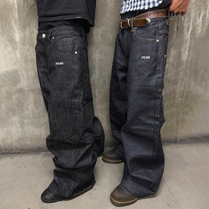 Jean en denim brut japonais à bords frangés, coupe bootcut oversize, taille haute, jambe large, motif écossais, design personnalisé - Product Image 3