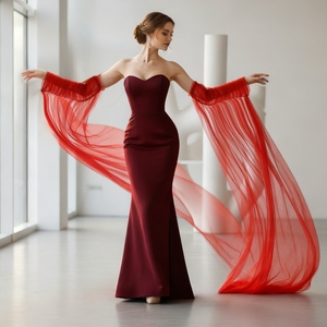 YouLaPan VG136-R Cape de Mariée Longue à Traîne avec Manches Châle, en Maille Rouge Simple Couche, Dentelle Amovible, Confortable à Porter - Product Image 5