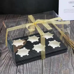 투명한 덮개 컵 케이크 상자를 가진 고품질 케이크 상자 검정 명확한 작풍 선물 상자