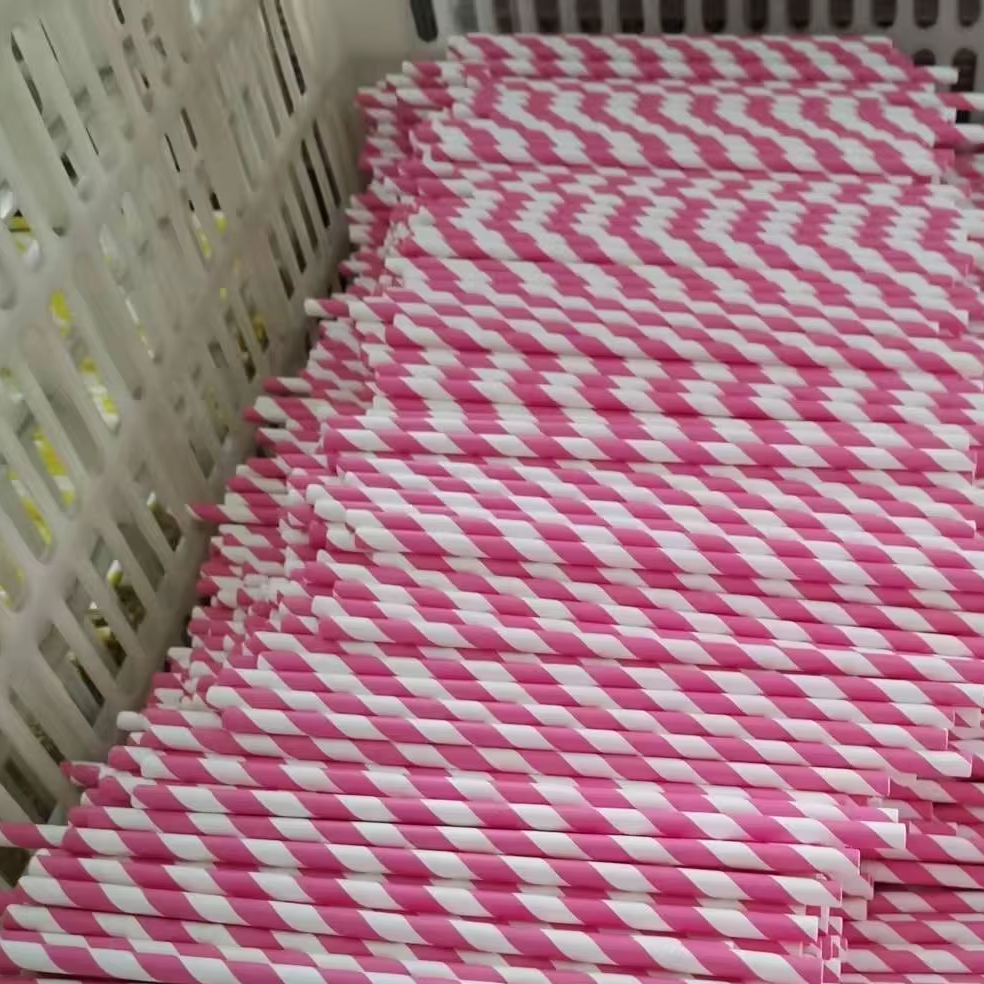 Bamboo Pulp 6mm Biodegradable Strong Pink Strip Drinking Paper Straws for Water Beer Milk