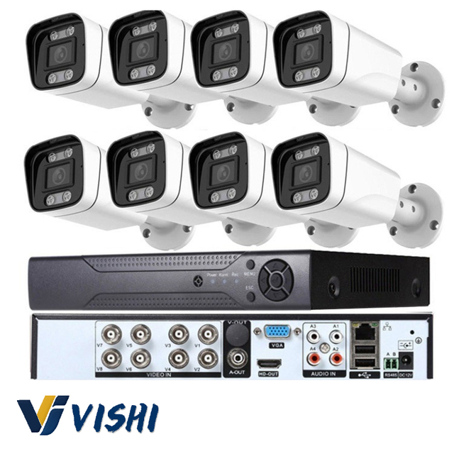Vishi Coaxial 8CH Wired AHD CCTV DVR Kit Full Color Night Vision 2MP 5MP 8MP Home Security Surveillance Camera System Monitoring