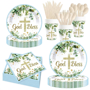 Platos DAMAI Dios te Bendiga, Vajilla para Bautizo, Primera Comunión, Vajilla Desechable de Papel para Bautizo, Artículos para Baby Shower - Product Image 1