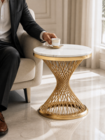 Table d'appoint ronde de luxe en marbre naturel, directement de l'usine, avec base en treillis en acier inoxydable torsadé couleur or champagne
