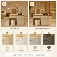 Armoire à bijoux en cuir crème, directement de l'usine, avec dessus en verre trempé fumé, éclairage LED et rangement écologique