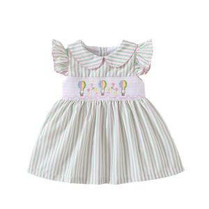 Baby Neugeborene Mädchen Sommer Baumwoll-Freizeitkleid Cartoon Smocking Stickerei Atmungsaktives Prinzessinnen A-Linien-Kleid mit Flatterärmeln Rosa Grün - Product Image 1