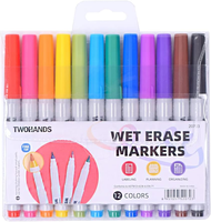 Nouveau best-seller Pointe ultra fine 12 couleurs Marqueur effaçable humide Stylo marqueur pour tableau blanc Sec Rapide Facile à effacer