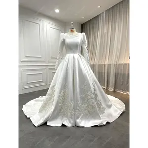 Manufacturer Luxury Princess Long Sleeved Satin Ball Gown African Women Beads Cathedral Train Muslim Wedding Dresses with Veil