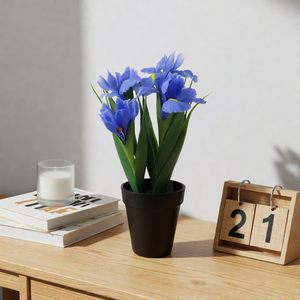<span class=keywords><strong>Plantes</strong></span> artificielles en pot avec des fleurs d'<span class=keywords><strong>iris</strong></span> bleues et un faux sol, arrangement floral réaliste pour la décoration du salon et du balcon - Product Image 1