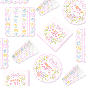 DAMAI HAPPY <b>EASTER</b> Party Supplies Pastel Bow Themed Tableware Set for Scalloped Paper Plates and <b>Cups</b> Napkins Sets - Product Image 2
