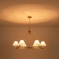 Lustre moderne du milieu du siècle en or brossé à 6 lumières avec abat-jour en tissu Plafonnier certifié CE pour salle à manger et salon