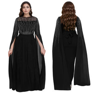 Vestidos de Noche Elegantes para Mujer, con Pedrería, Manga Larga con Capa, Vestido de Fiesta Negro, Vestido Maxi Elegante para Chicas - Product Image 1