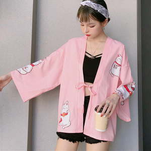 Kimonos Japoneses con Estampado <span class=keywords><strong>de</strong></span> Gato, Cárdigan Holgado Estilo Harajuku, <span class=keywords><strong>Blusas</strong></span> Rosas, Ropa Exterior Femenina, Camisas, Abrigos para Mujer - Product Image 6