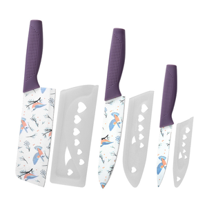 SFB96 Stylish Printed <b>Kitchen</b> Knife Set Stainless Steel 3‑Piece Knives Ergonomic Non‑Slip <b>Red</b> Handles With Safety Blade Guards - Product Image 5