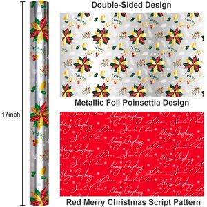 Floral Christmas Wrapping <b>Paper</b> <b>Rolls</b> 17 Inch X 33 Feet Silver Metallic Poinsettias Holly Berries Gift Craft Packaging - Product Image 3