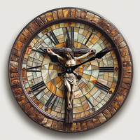Jam Seni Religius Vintage, Latar Belakang Mosaik Tampilan Batu dengan Salib 3D, Bingkai Cokelat Tua, Quartz Senyap untuk Ruang Tamu