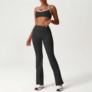 2025 Hot Sale Women's Contrast Color Casual <strong>Sport</strong> Exercise Sets <strong>White</strong> Line Trim <strong>Bra</strong> Flared Pants Gym Yoga 2pieces Fitness Sets - Product Image 3