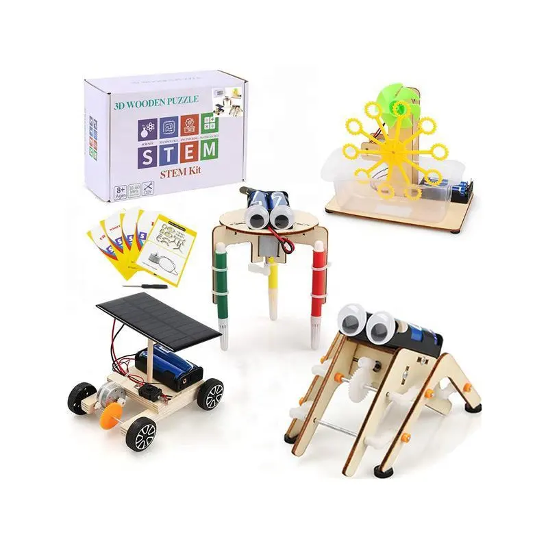 פריטים חדשים גזע פיסיקה עץ צעצוע ילדים 4 ב 1 DIY עצרת מדע והנדסה פרויקטים למידה עץ 3D פאזל בניין ערכות