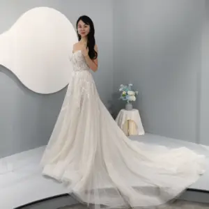 High quality lace wedding dress bridal boho beach high slit illusion wedding gown factory 2024