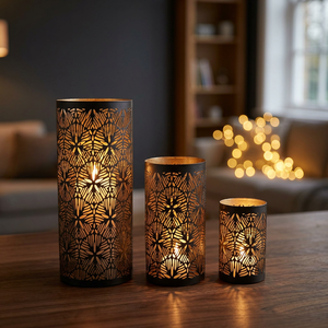 Ensemble de 3 bougeoirs cylindriques en fer Sonnet Decor, faits à la main, impression numérique, motif découpé à 1 couleur, résistants à la chaleur, pour la maison - Product Image 1