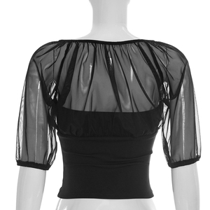 Viviblook Y26TP228 Haut décontracté pour femme, nouveau modèle d'été, sexy, en maille, col rond, manches courtes, patchwork - Product Image 3